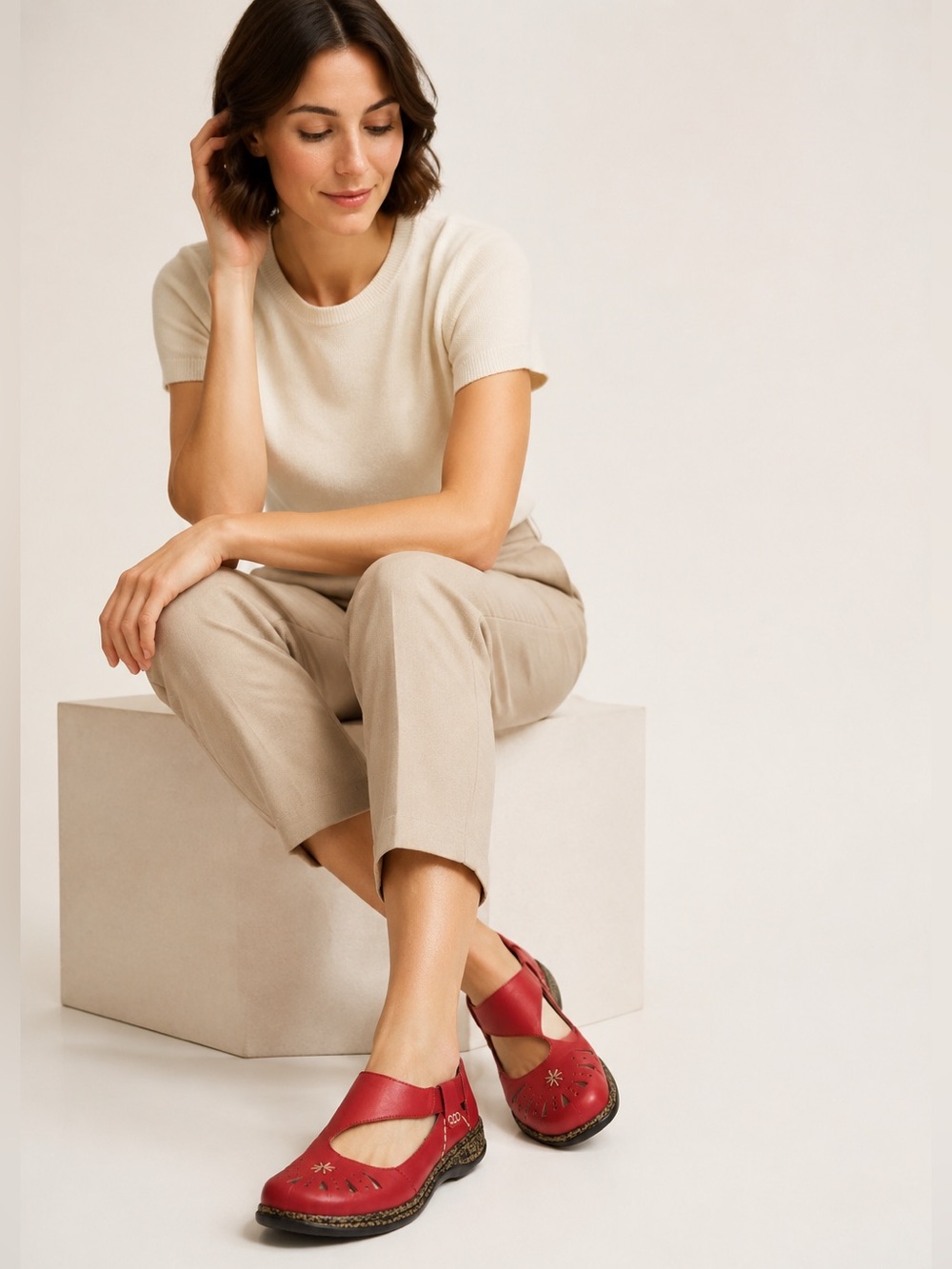 Rieker Women's Daisy Red Leather Slip On Beige. EU 42